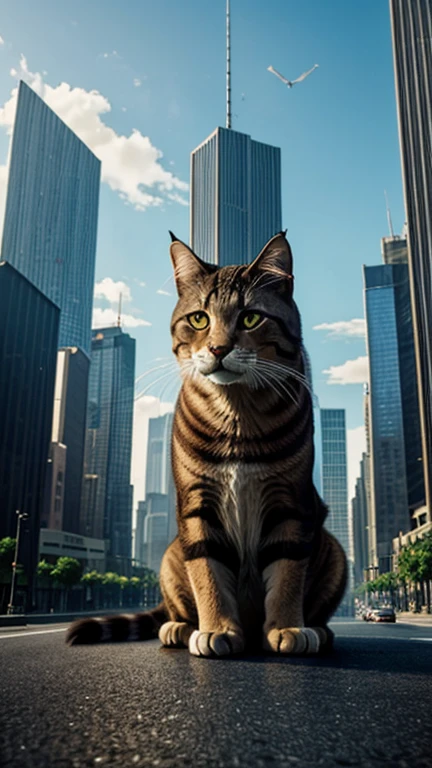 Hyper-realistic digital painting of a giant cat lounging in the middle of a bustling cityscape. The cat's massive size dwarfs the skyscrapers and buildings around it. Pedestrians and vehicles navigate around its paws as it playfully bats at the tops of buildings. The scene captures the contrast between the enormous feline and the tiny, detailed urban environment, creating a whimsical yet awe-inspiring atmosphere. Cinematic composition, trending on ArtStation.