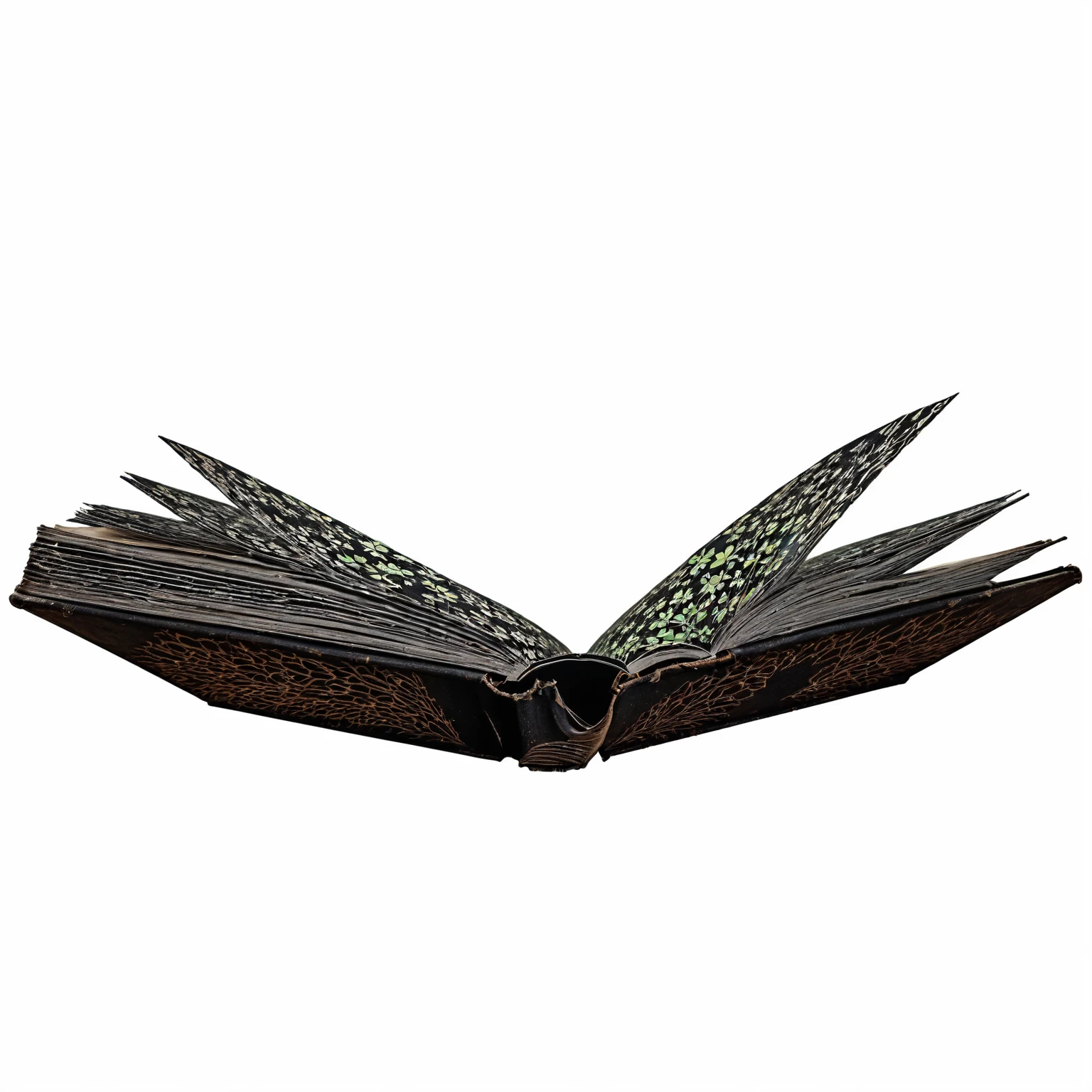 there is a book with a black five leaf clover as a cover, an open book, big open book, big opened book, open book page, open book, tattered book, horror theme, grudge theme, old book, five leaf clover book cover