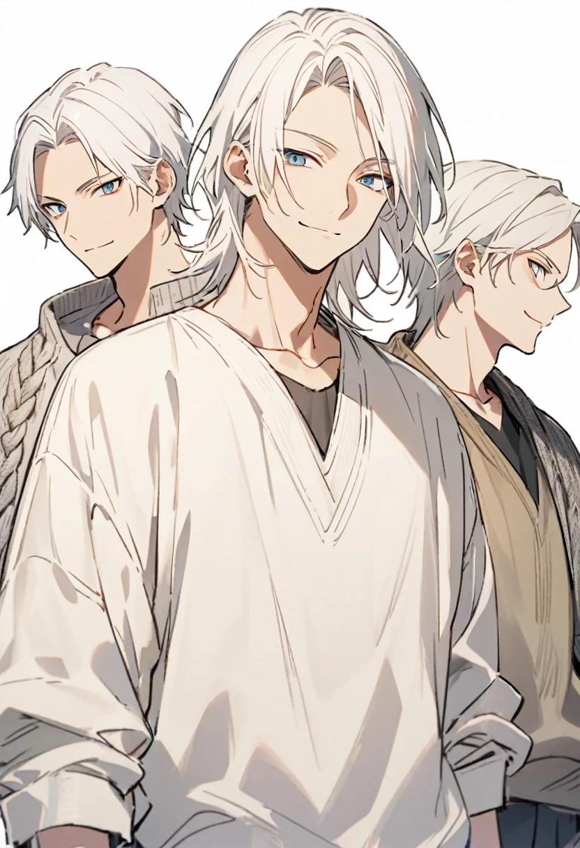 White Hair,　３０generation, male, good looking,　Bad look,　knit,　Upper Body, Are standing, Background white, male一人, smile, Aori,