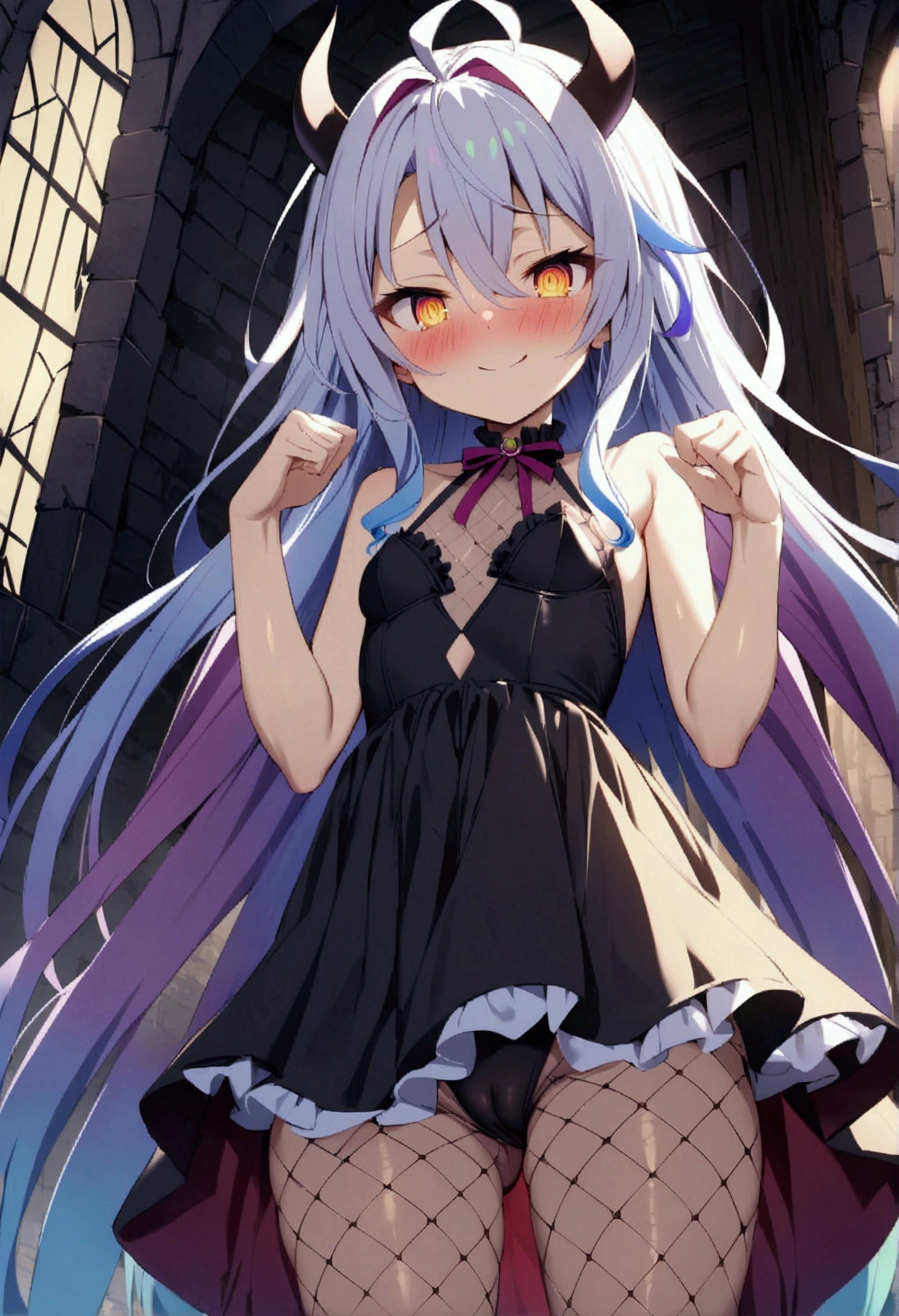 NSFW,masterpiece,Highest quality,High resolution,Very detailed,white\(no game No life\),Small breasts,Multicolored Hair,Gradient Hair,Bad smile,blush,(devil),devilの角,devilのしっぽ,devilの羽,High-quality black frill dress,leotard,Fishnet tights,Bossy Pose,Abandoned Castle