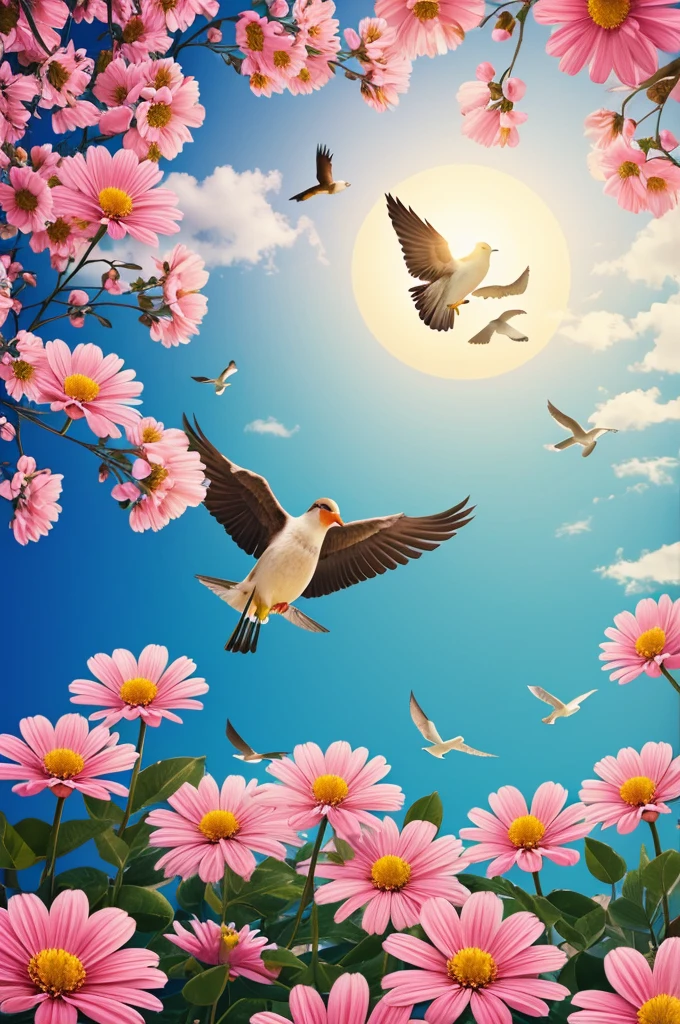 Create a wonderful morning image where flowers are smiling and birds are flying 