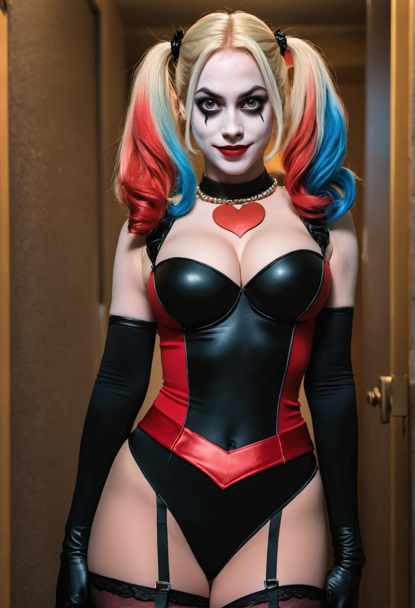 ((masterpiece,best quality, high resolution)), 1girl, solo, female version of the joker, (panties, cropped, pantyhose), ((huge breasts:1.4)),