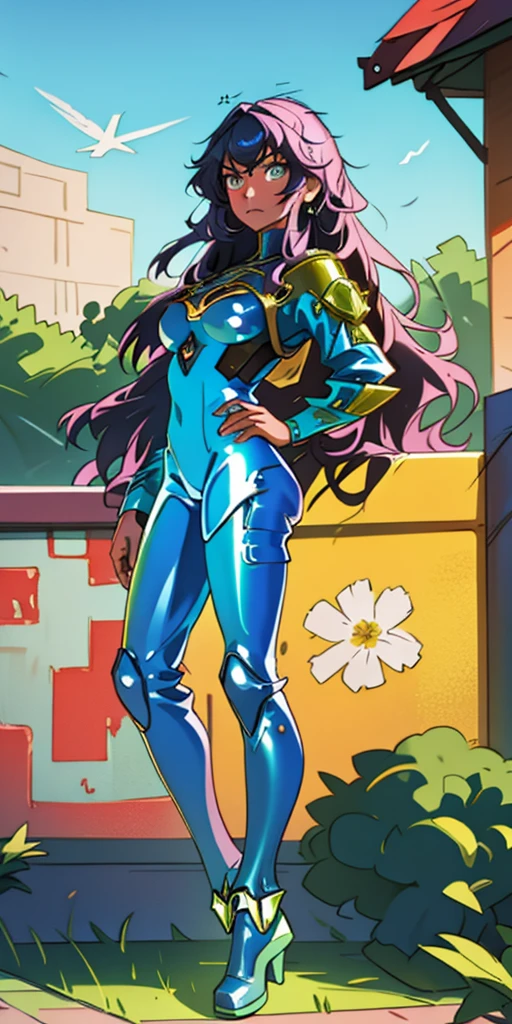 feet out of frame, masterpiece, hyper detail, intricate details, beautiful detailed, colourful, (shiny skin:1.3), (disheveled hair:1.2), detailed background, intricate background, highres, best quality, , 1girl, solo, long hair, disheveled hair, looking at viewer, full body, sexy, , outdoors, huge breasts, bodysuit, makeup, (pasties:1.2), evening,