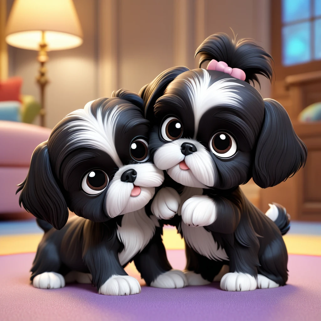 2 Adorable small black Shih Tzu puppies wrestling Disney background 3d cartoon 3d render disney pixar styleundefined, undefined, undefined, undefined,