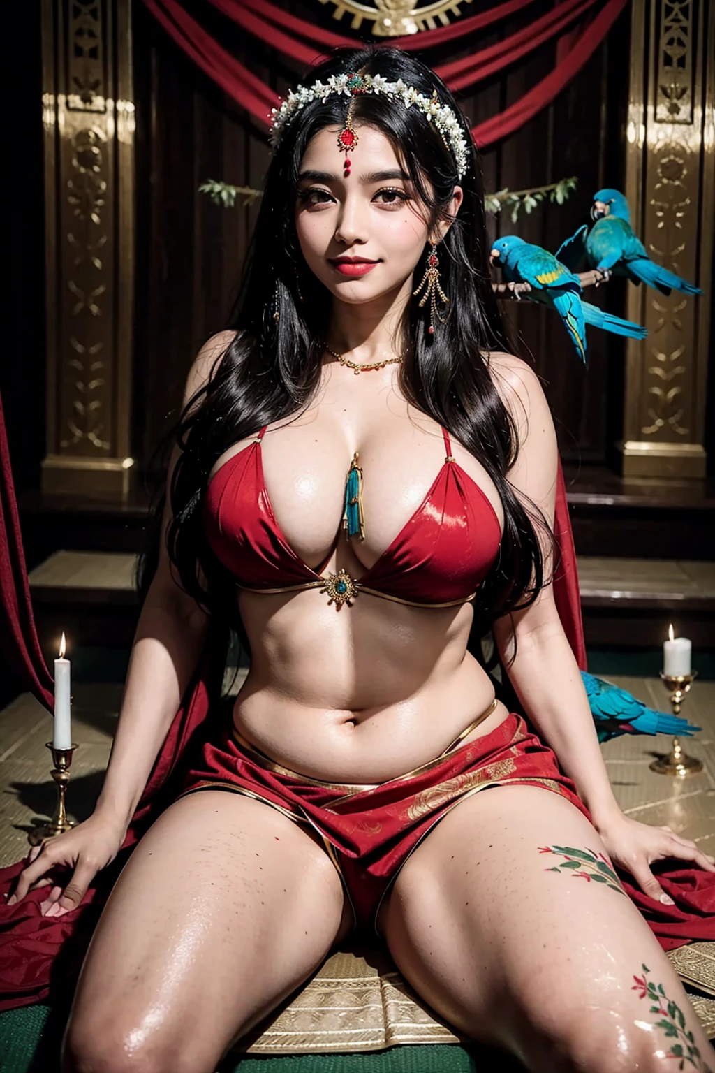 full body image of a beautiful slightly chubby woman covered up in a red saree, with the crescent moon on her forehead. She has long hair, a smiling expression and intoxicated eyes, and wears a garland of kadamba flowers and various ornaments. She perspires a little around the face, which renders her even more beautiful. Below her navel are three horizontal folds of skin and a thin vertical line of fine hair. Seated on an altar and flanked by two parrots.