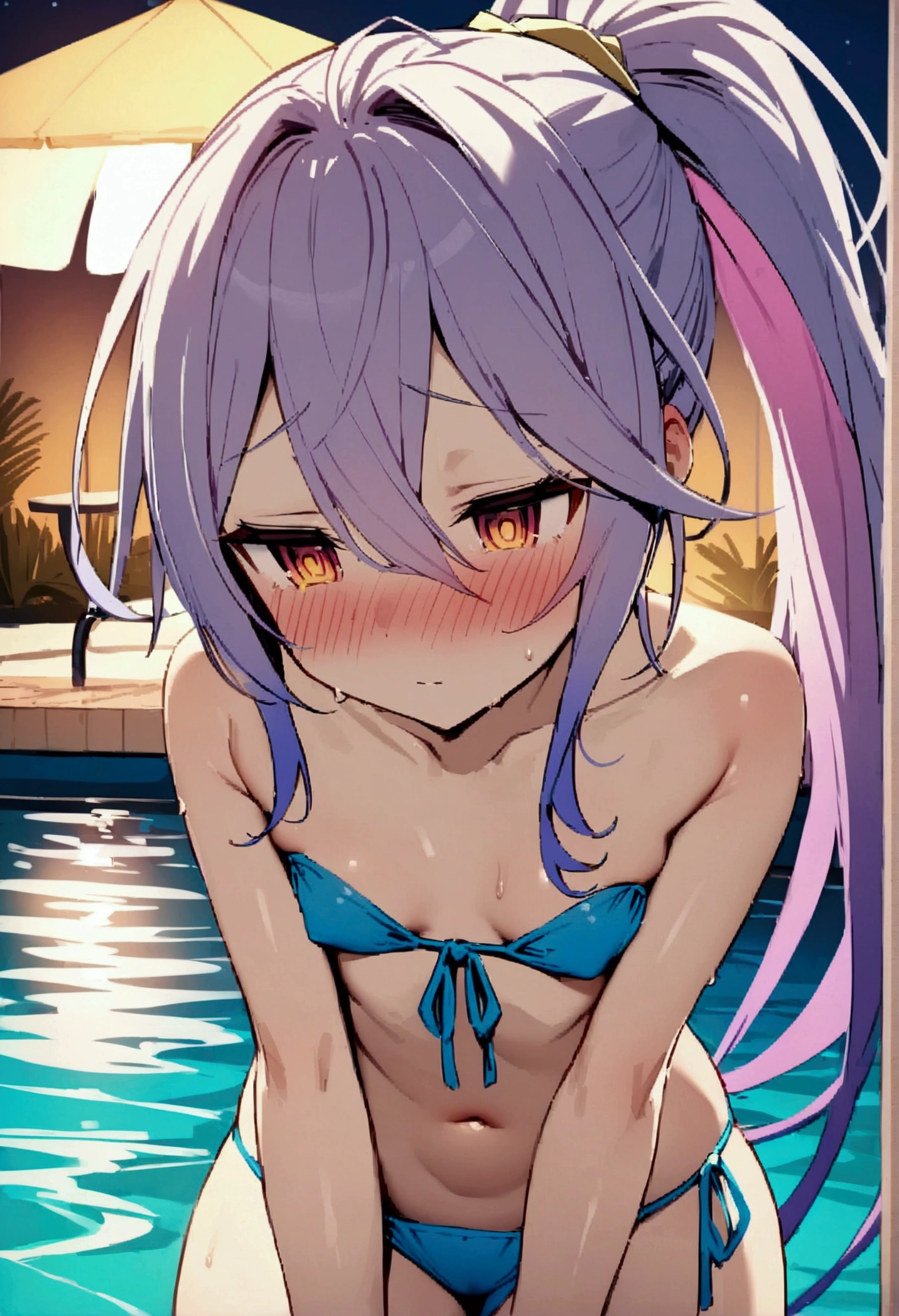 NSFW,masterpiece,Highest quality,High resolution,Very detailed,white\(no game No life\),Small breasts,ponytail,Strapless ribbon bikini top,Tie side bikini bottom,Pool at night,Beach parasol,Dissatisfied face,blush