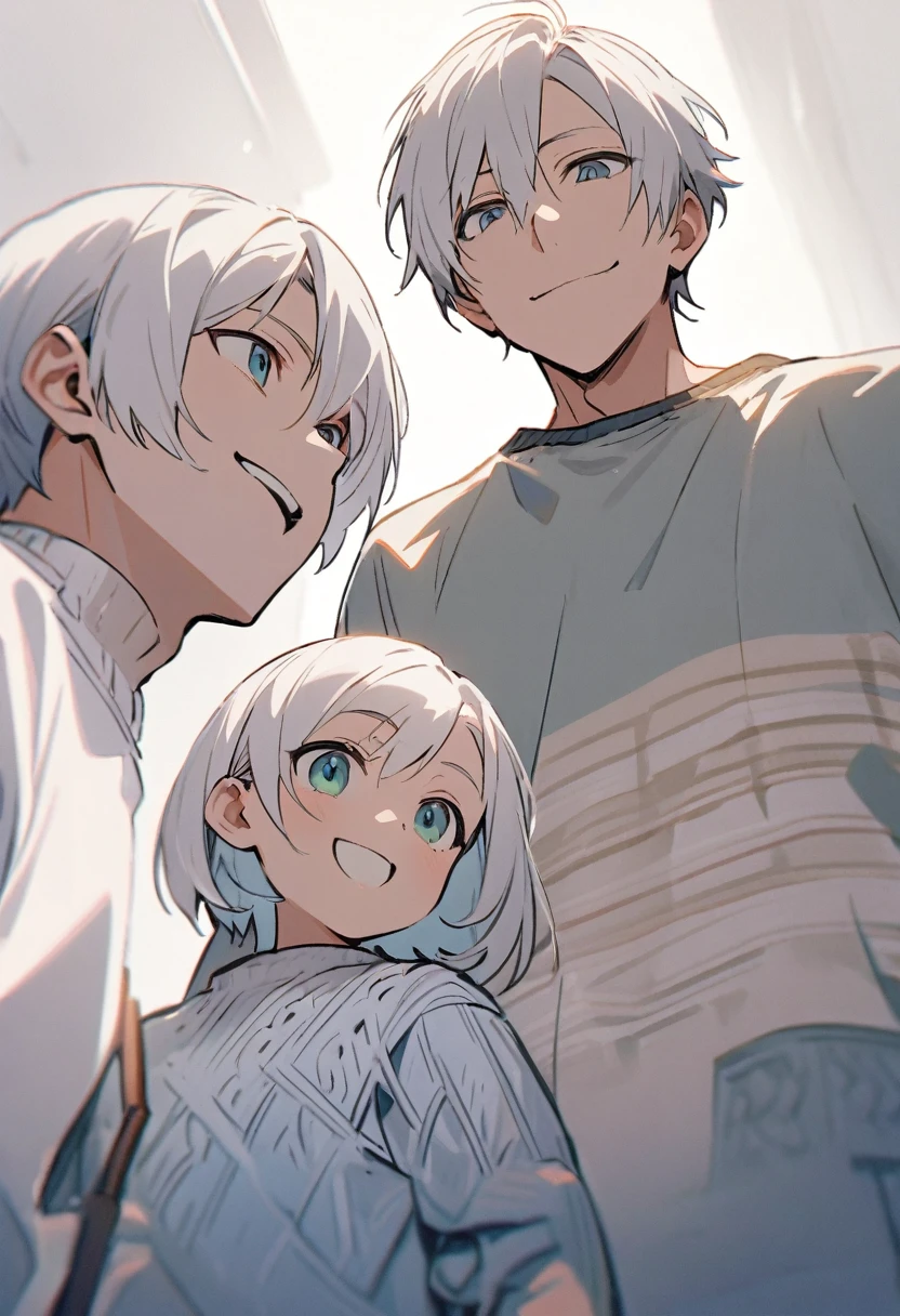 White Hair, Short Hair, ３０generation, male, good looking,　Bad look,　knit,　Upper Body, Are standing, Background white, male一人, smile, Stirring from below.
