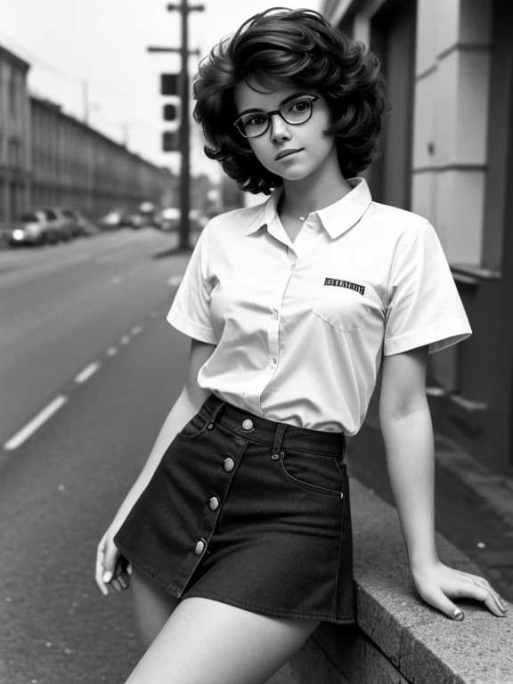 ((Monochrome Photography)), (black and white image), masterpiece, photo paper effect, Film grain, (((raw monochrome photo of a Soviet student in the style of the 80s))), filmed "Svema" SLR camera "Zenit-3", Humanity, photo of a charming chubby Russian student 18 years old with aesthetic soft very small natural age breasts with large beautiful pale pink erect nipples, very beautiful round young face(focus on perfect angelic face), round cheeks, round chin, beautiful proportional small wide nose, Realistic expressive dark brown eyes, long eyelashes, open friendly look, glasses with lenses, plump sensual lips, Mysterious Half-Smile, realistic very tousled dark brown tousled short hair, short, tousled, disheveled hair combed up(80s punk hairstyle), whole body, short stature, TeenPhysique, short torso, Narrow hips, narrow pelvis, beautiful hands and feet with graceful fingers, separated thighs, shameless carefree behavior, Stylish, elegant, loose-fitting button-down shirt over bare chest, black risky short miniskirt without panties underneath(aesthetic 80s style pubic hair), striped oversized knee socks, Converse sneakers, (I don't wear a bra because I don't want to, I don't wear panties because I don't want to), realistic atmosphere of the USSR 80s, Portrait-Medium shot, whole body, free pose, sit on a park bench, open legs, crotch showing, ventilate pussy (upskirt:1.5)(risky exhibitionism), sunny day, natural natural light, everyday interaction with people around you, daylight, realistic human skin textures, Realistic clothing textures, realistic background textures, realistic Leningrad 80s on the background, realistic glasses with distorting lenses, reflections of sunlight on glasses lenses,