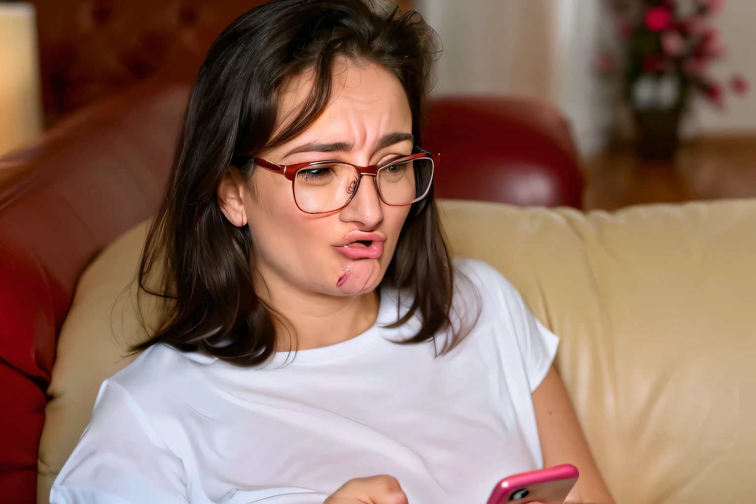 woman with glasses on sitting on a couch looking at a cell phone, checking her phone, checking her cell phone, ugly woman, woman very tired, pouting, photo shot, 3 0 years woman, shocked expression on her face, surprised expression on her face, yawning, surprised frown, candid portrait photo, really funny, very accurate photo, very silly looking