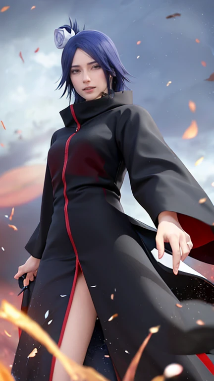 （（（akatsuki outfit，Xiao clothing, ninja, black cloak,black coat, （（（heavy，the woman \(naruto\),the woman, blue hair, Orange pupils, short hair, hair ornament, flower, hair flower, ））），（（（wide hips））），S-shaped body:1.7））），((masterpiece)),high resolution, ((Best quality at best))，masterpiece，quality，Best quality，（（（ Exquisite facial features，looking at the audience,There is light in the eyes，shy，blush，pain，endure ））），（（（Light and shadow interlace，super gigantic ，cleavage））），（（（looking into camera，from above，looking down，looking into camera，white paper airplane，white paper，Hands hidden in sleeves ，sexy body）））slit