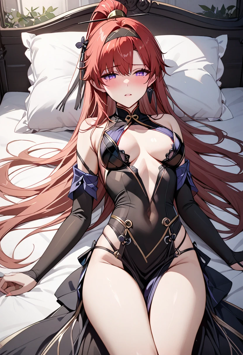 Lying in bed with provocative clothes, a beautiful room full of a thousand details, her beautiful look, shy, wanting to have sex