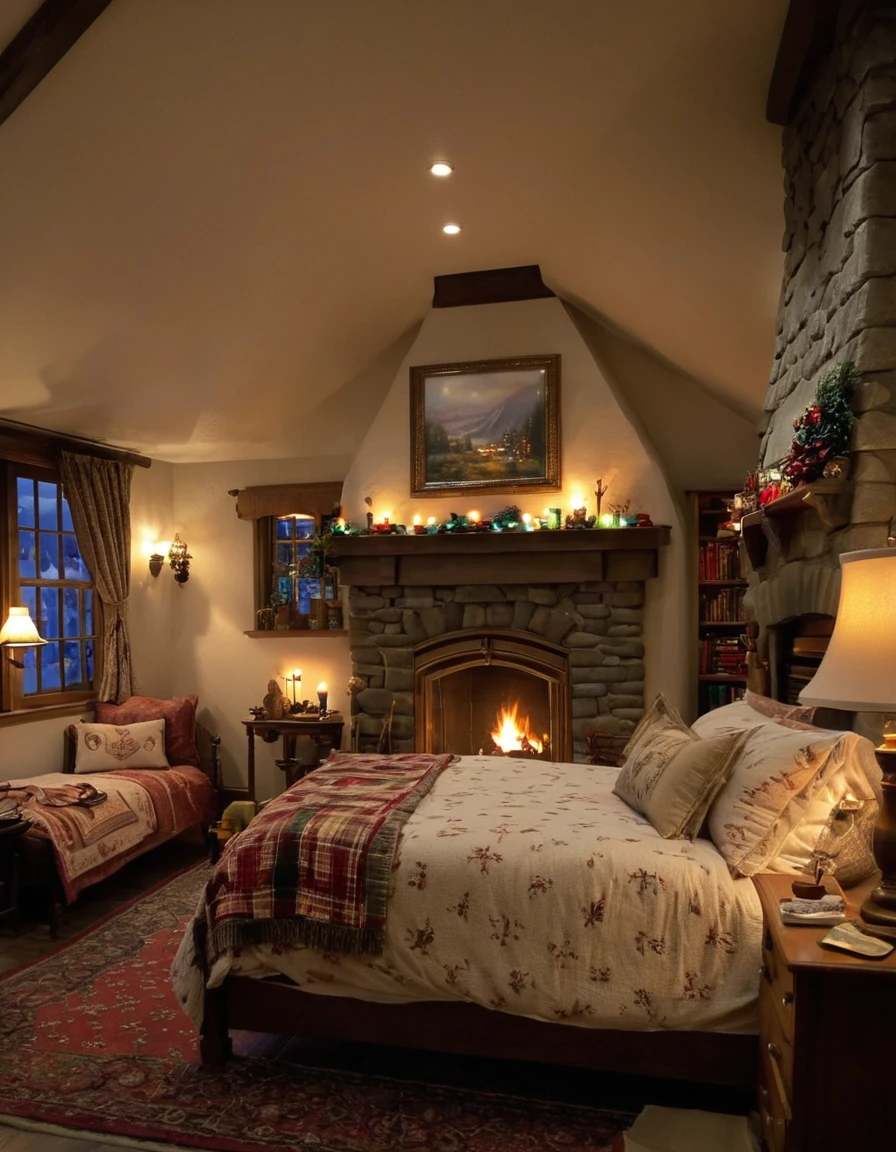 arafed bedroom with a fireplace and a bed with a blanket, thomas kinkade. cute cozy room, cozy and calm, cozy setting, very cozy, cozy wallpaper, cozy room, cozy place, cozy and peaceful atmosphere, cosy enchanted scene, cozy candlelight, cozy environment, cozy bed, soothing and cozy landscape, cozy atmosphere, cosy fireplace