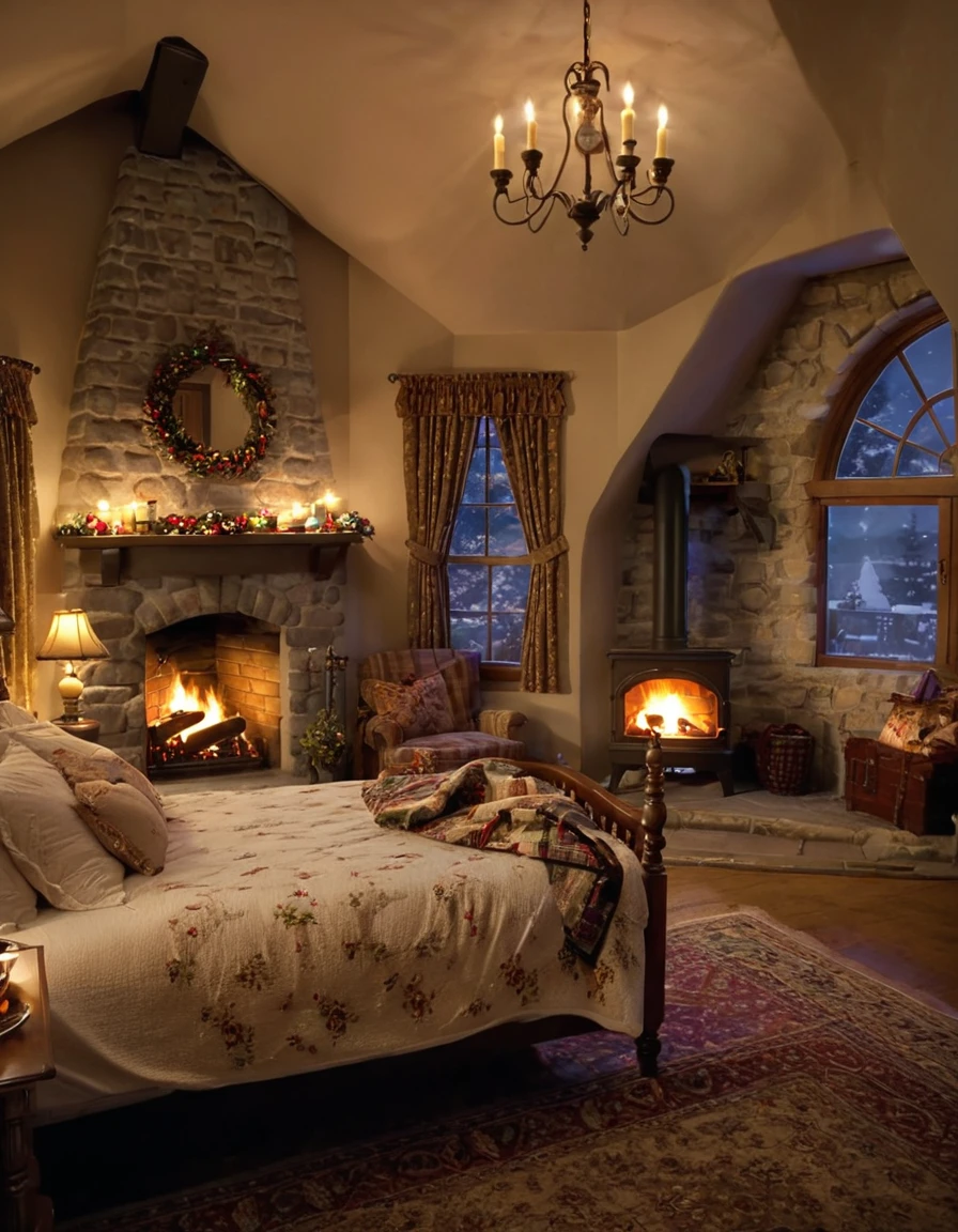 arafed bedroom with a fireplace and a bed with a blanket, thomas kinkade. cute cozy room, cozy and calm, cozy setting, very cozy, cozy wallpaper, cozy room, cozy place, cozy and peaceful atmosphere, cosy enchanted scene, cozy candlelight, cozy environment, cozy bed, soothing and cozy landscape, cozy atmosphere, cosy fireplace