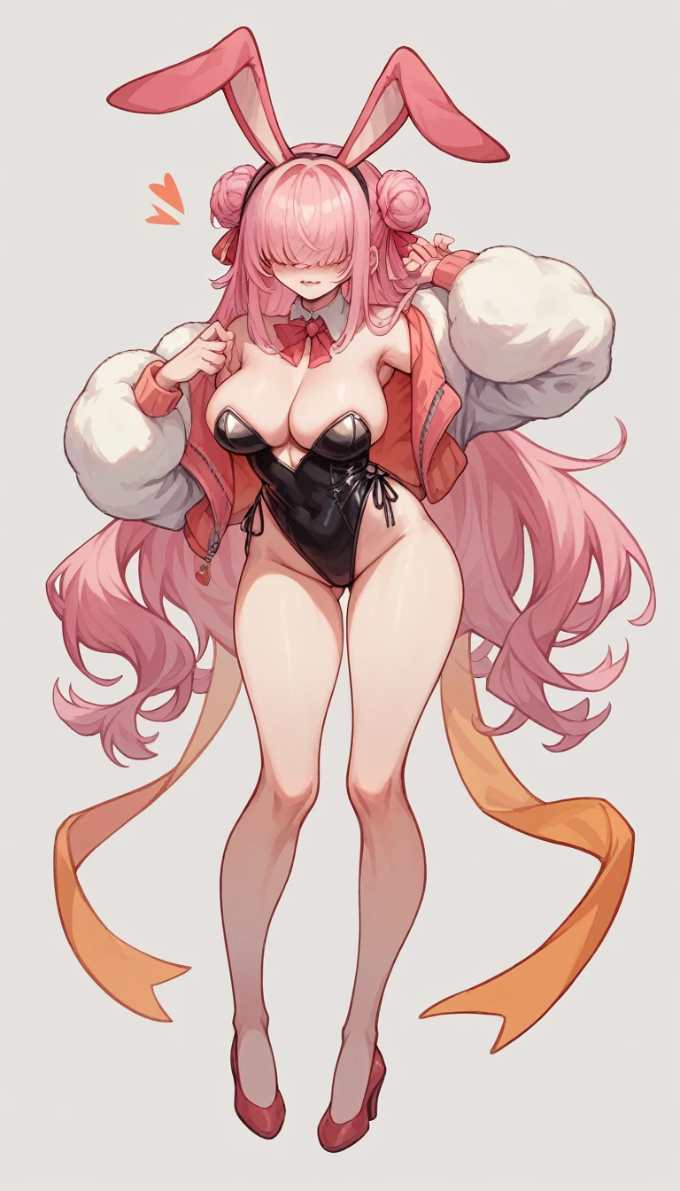 Elegg (NOD) hair with bangs covering the eyes, Very Very Very Big tits hot wearing a bunny outfit Black full body body with curve pink hair