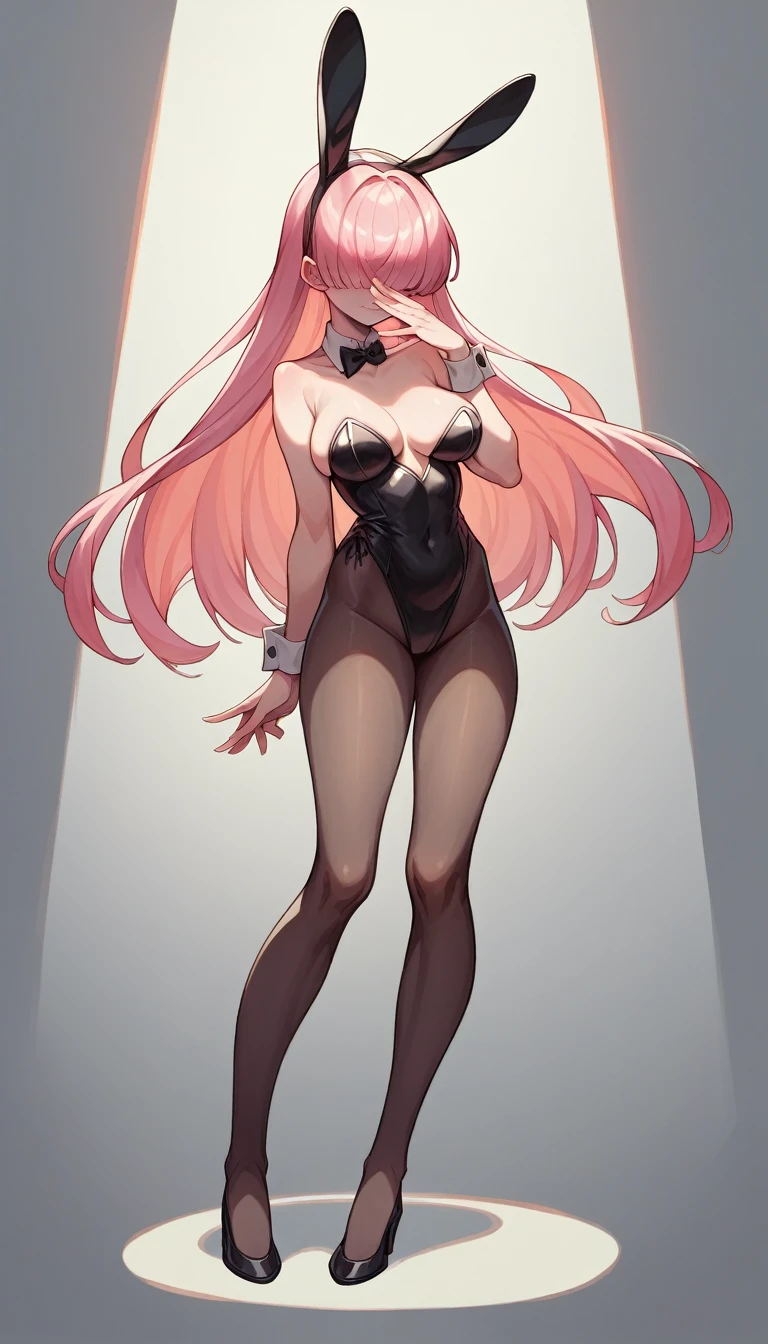 Elegg (NOD) hair with bangs covering the eyes, Very Very Very Big tits hot wearing a bunny outfit Black full body body with curve pink hair