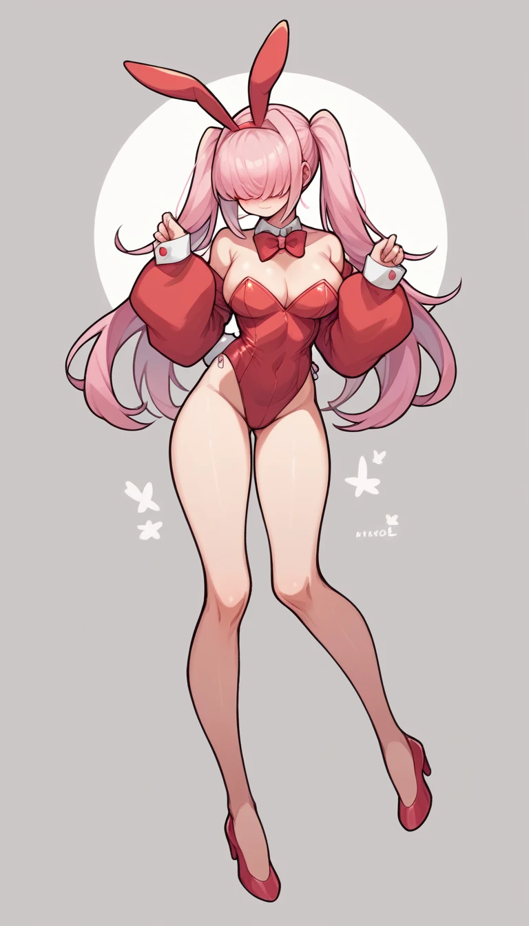 Elegg (NOD) hair with bangs covering the eyes, Very Very Very Big tits hot wearing a bunny outfit Black full body body with curve pink hair