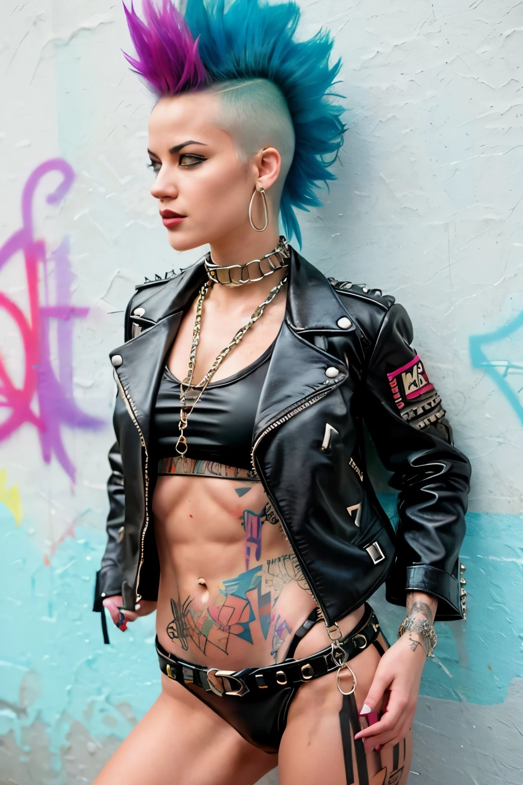 (work of art, best qualityer:1.2), 1 girl ,intrincately detailed, "Punk Girl", in dynamic pose, ((spike mohawk hair, punk hair, wearing a black jacket, chains, Rocket style, tattooed , (((hot Body))) , abs)) . Shallow depth of field, vignette, highy detailed, high budget, bokeh, cinemascope, temperamental, epic, marvelous, film grain, grainy. ((Abandoned grafitti wall background)).