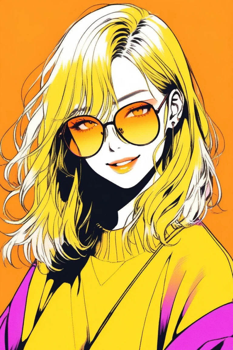 (best quality, sketch:1.2),realistic,illustrator,anime,1 girl, detailed lips, sweater, custom, yellow gradient background, neon hair, Yellow hair, long straight hair, forehead showing, long bangs, wearing orange sunglasses, positive, lively, bright expression, challenging smile, bright smile, textured cropping, masterpiece, style retro classic, noir dark