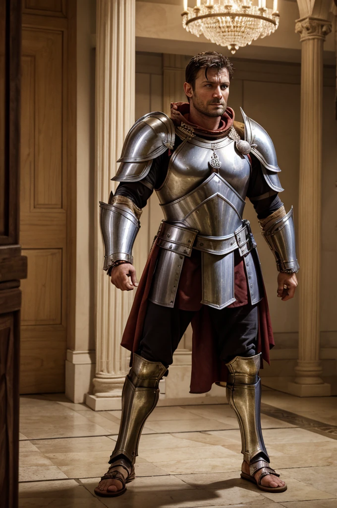 arafed man in a gladia costume standing in a room, dressed in roman armour, nathan fillion, roman armor, arsen lupin as a paladin, maximus jacobs, luke evans, gladiator armor, roman gladiator, gladiator, roman centurion, ares with heavy armor and sword, traditional roman armor