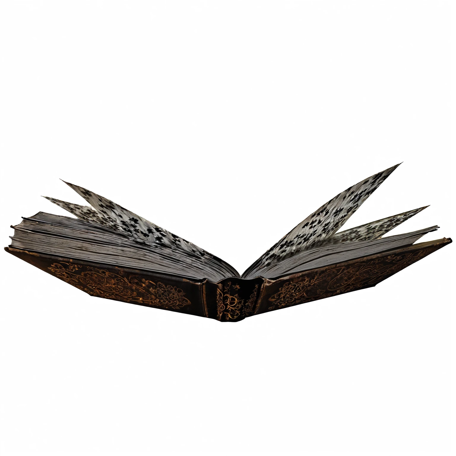 there is a book with a black five leaf clover as a cover, an open book, big open book, big opened book, open book page, open book, tattered book, horror theme, grudge theme, old book, five leaf clover book cover