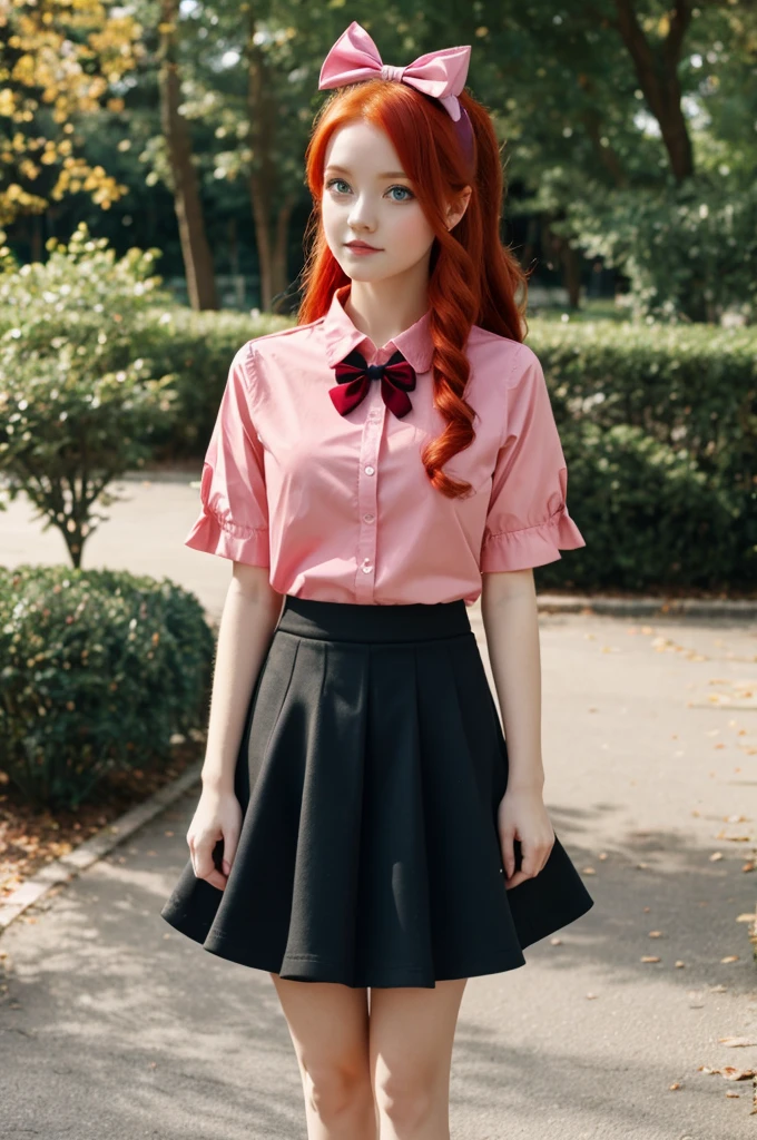  with green eyes red hair wearing red bow in hair wearing pink shirt and blue skirt and black shoes