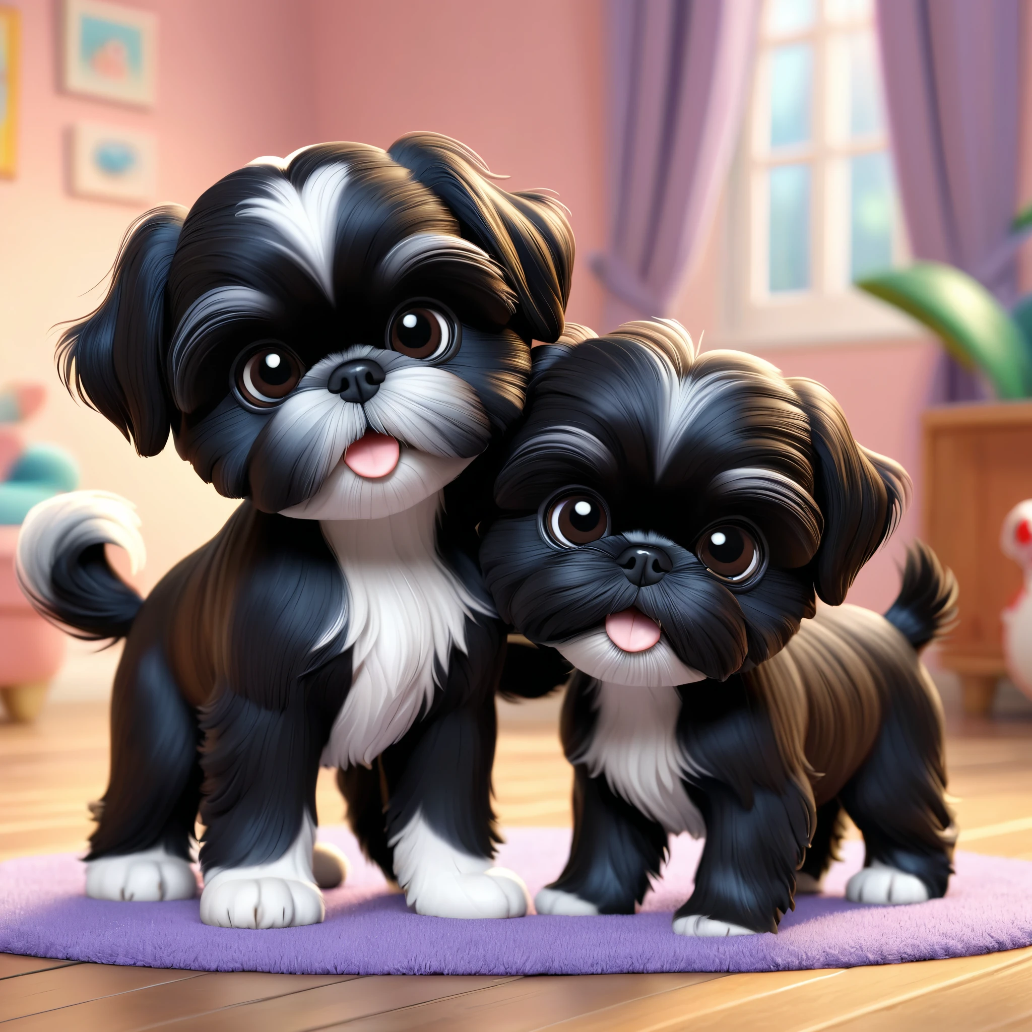2 Adorable small black Shih Tzu puppies wrestling Disney background 3d cartoon 3d render disney pixar styleundefined, undefined, undefined, undefined,
