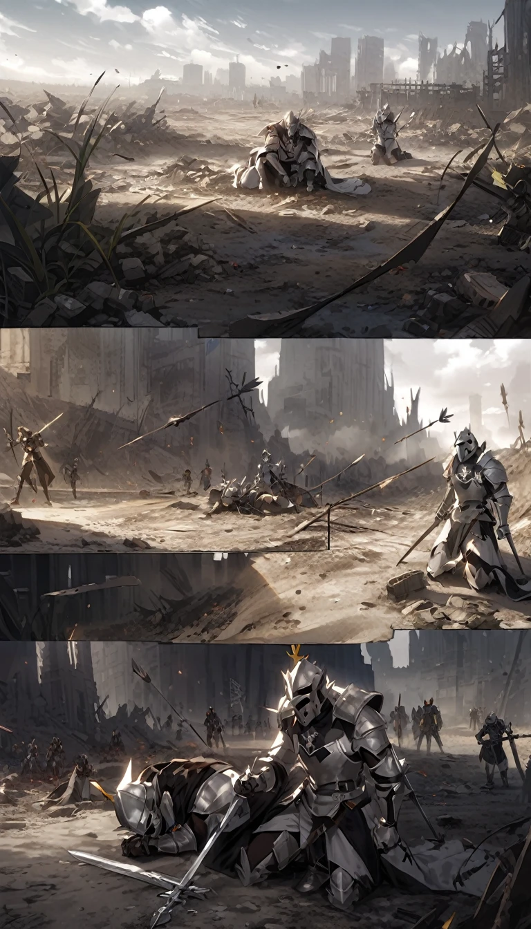 Templar Knight, masculine, Templar Knight, without a helmet, helmet fallen on the ground, arrows through the body, arrowheads through the body, Kneeling, on his knees, holding a golden cross, Christian, sobbing, cryin, Silver Armor, gray outfit, drawn sword, Sword on the Ground, wasteland, Raby, natta cintura fina, skin fair, make up, black eyeshadow, choker, wasteland, natta, Raby