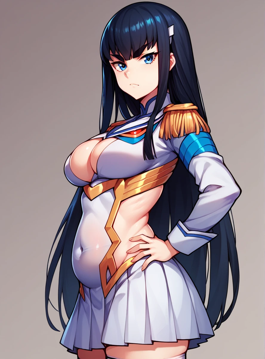 score_9, score_8_up, score_7_up, score_6_up, score_5_up, score_4_up , source_anime masterpiece, satsukiklk, long hair, black hair, blue eyes, thighhighs,skirt, epaulettes, indoors, looking at viewer, hands on hips, serioua, from side, looking at viewer, thick eyebrows, simple background, cleavage cutout, shoulder armor, pauldrons, full body, belly fat, small potbelly, 1girl, solo, close up, covered navel,