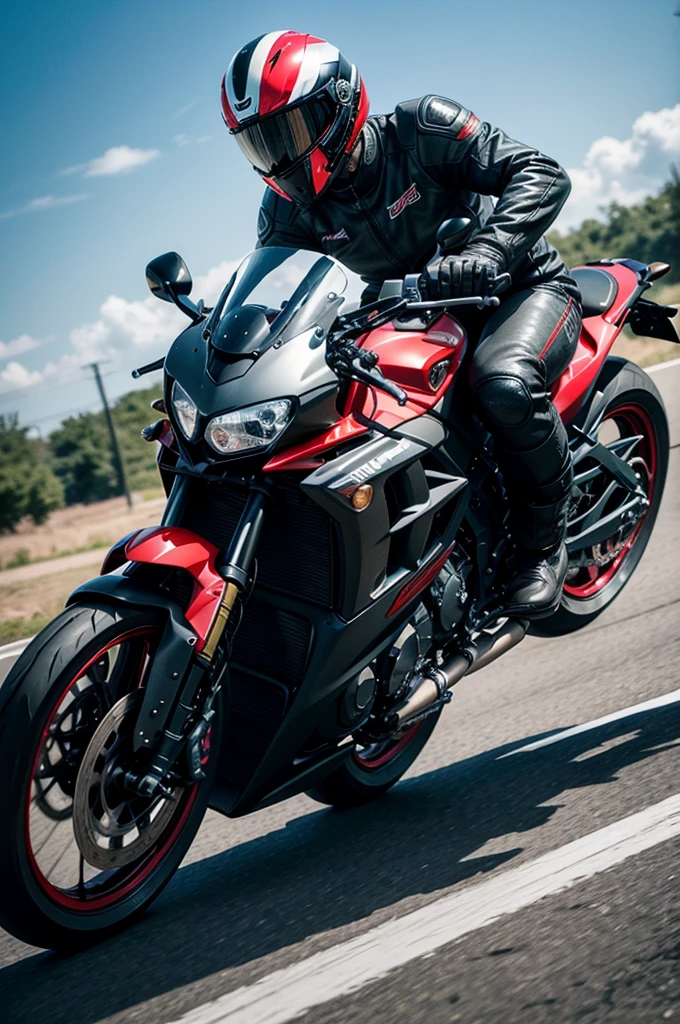 Action shot of a motorcyclist performing a wheelie on a red and black sports bike. The pilot is wearing a full-face helmet with a silver and black design, along with a red running suit, white and black with various logos and text, including 'Radical' displayed prominently. The rider has fair skin and is balancing on the rear wheel of the motorcycle with one hand raised and the other on the handlebars. The background shows a paved road with grass and buildings, including a gray and yellow structure.