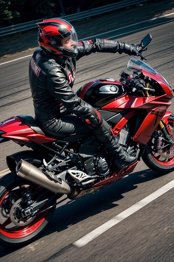 Action shot of a motorcyclist performing a wheelie on a red and black sports bike. The pilot is wearing a full-face helmet with a silver and black design, along with a red running suit, white and black with various logos and text, including &#39;Radical&#39; displayed prominently. The rider has fair skin and is balancing on the rear wheel of the motorcycle with one hand raised and the other on the handlebars. The background shows a paved road with grass and buildings, including a gray and yellow structure.