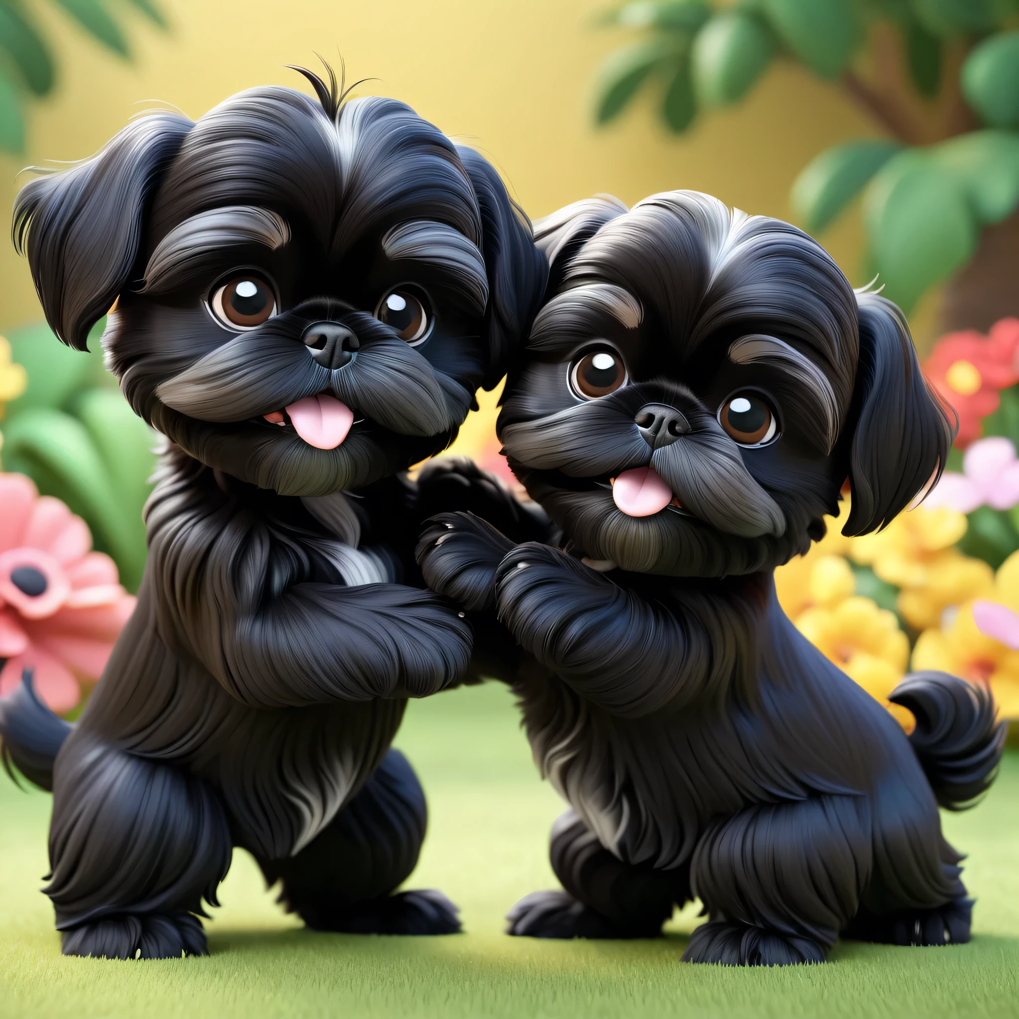2 Adorable small black Shih Tzu puppies wrestling Disney background 3d cartoon 3d render disney pixar styleundefined, undefined, undefined, undefined,