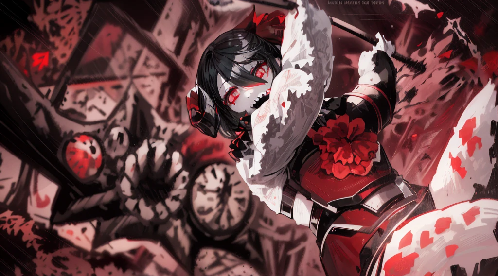 1girl, black hair, (red eye) ,red rose, Red bow, black noble dress ,pale skin,
(high resolution, high detail, best quality), mysterious, elegant