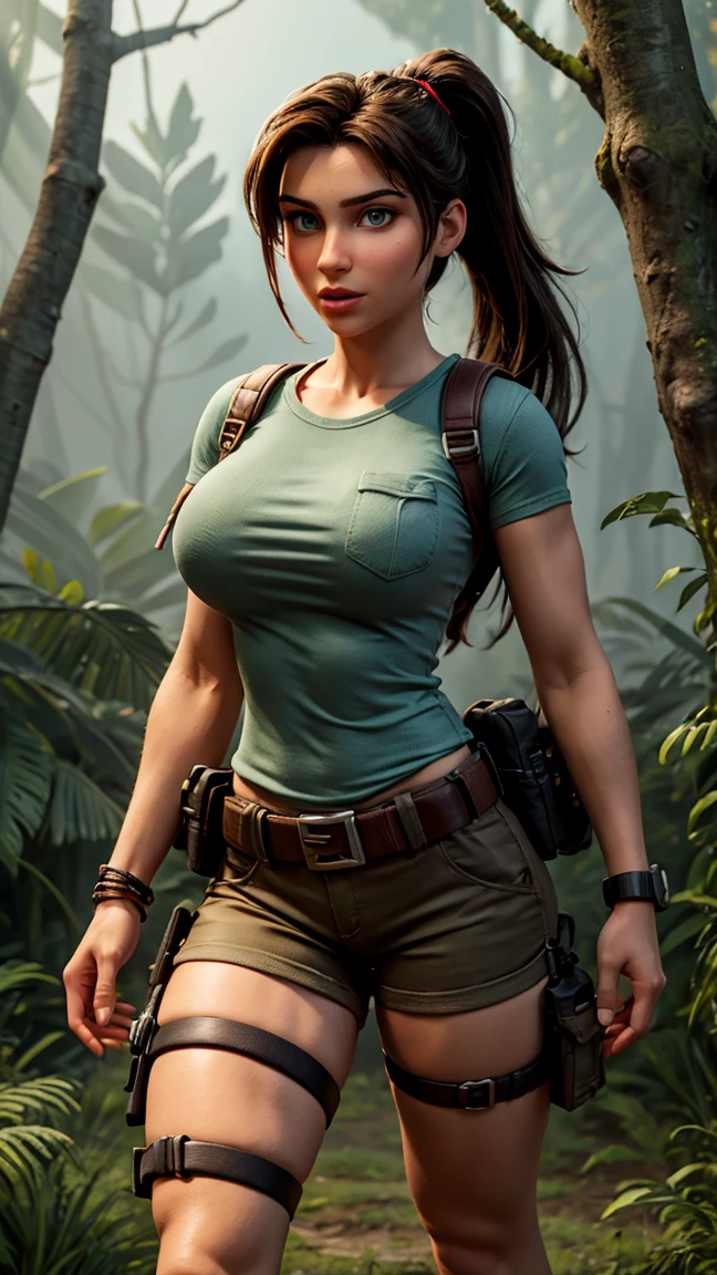 8K, Ultra HD, Super details, high quality, High resolution. lara Croft looks beautiful in a full body photo, her body is sculptural. Her black hair is tied in a ponytail a perfect match with her full lips, her bright eyes mesmerize everyone. She is wearing a light blue, form-fitting t-shirt that allows freedom of movement, khaki shorts with side pockets that are practical for storing items, black combat boots, robust and suitable for difficult terrain, a utility belt, often Adorned with climbing gear and archeology tools, Lara is also often seen with a pair of pistols in holsters on her waist, reflecting her fearless character and combat skills. She looks very sexy, drawing attention to her big breasts and thick legs. She is in a dark forest in the fog.