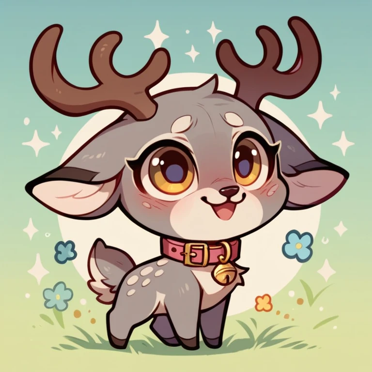 cute，furry，Collar，Tail, cat,  deer antlers, small deer tail, chibi, , cute, fawn spots, begging, grey fur, magical creature, solo,