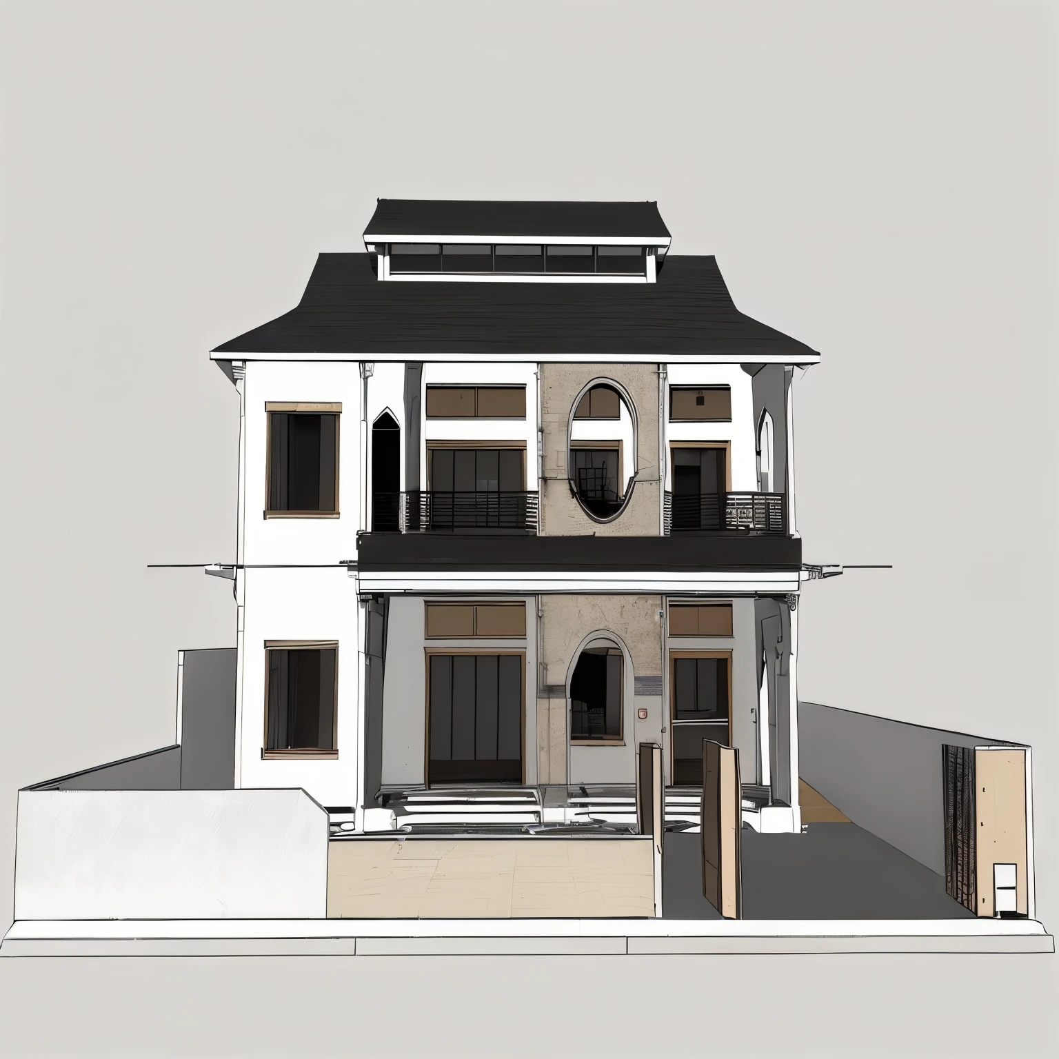 un rendu d&#39;une maison à deux étages avec un balcon et un balcon, vue de face dramatic, vue de face, front vue en élévation, maison complète, villa interdimensionnelle, design extérieur, Conception résidentielle, vue en élévation, vue de face, plan large établi, maison conceptuelle, élévation avant, néotraditionnel moderne, perspective de face, vue de face, conception architecturale globale, un plan lointain de face