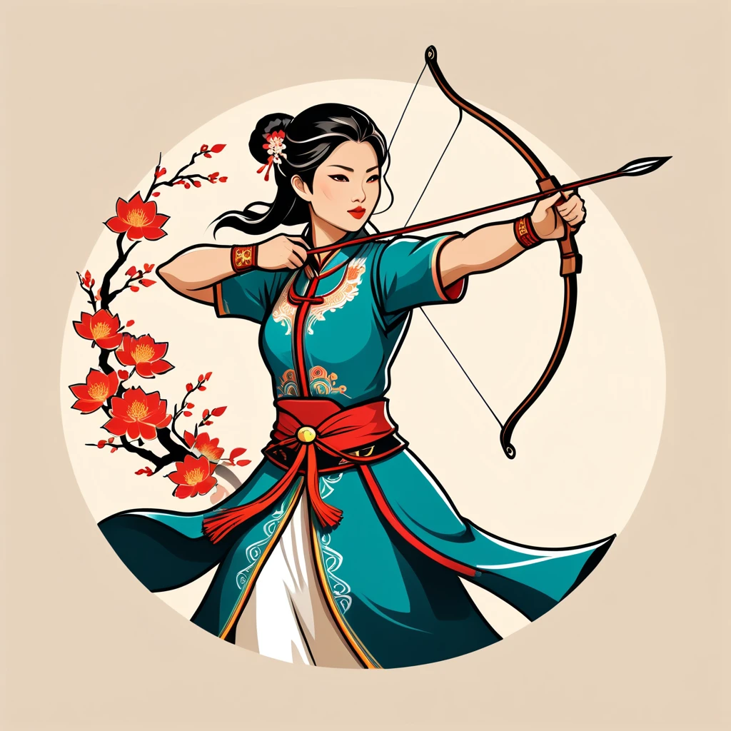 female archer in chinese folk outfit, vector graphics, strong contours, logo design