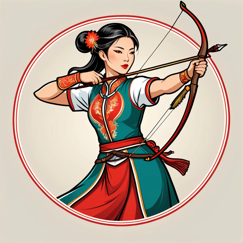 female archer in chinese folk outfit, vector graphics, strong contours, logo design