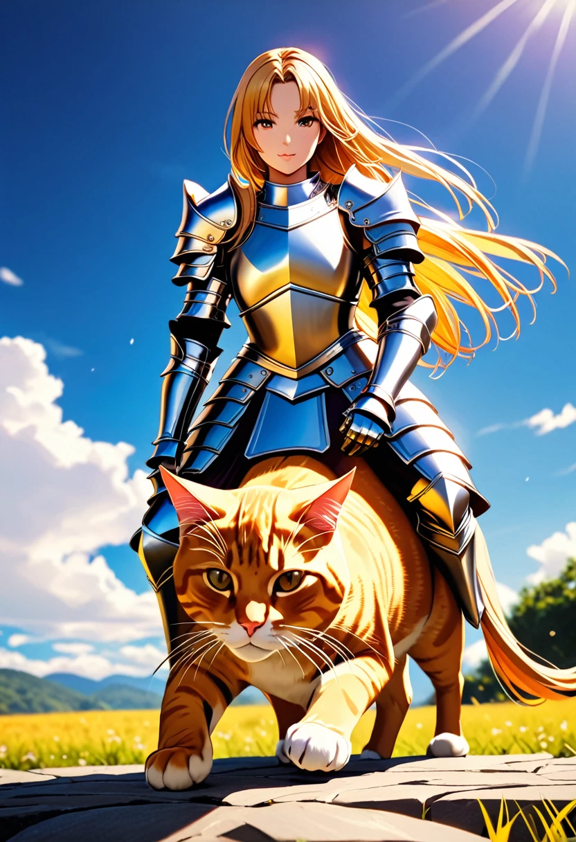 aarafed a picture of a  human knight riding an ((epic sized cat: 1.3)) וin fantasy street, a  a human knight, full body, ((anatomically correct: 1.5), female knight, blond hair, long hair, hair in a pony tail, wearing knight's armor, decorated armor, high heeled boots, BREAK riding a ((cat big as a horse: 1.5)), the cat is wearing armor ready for battle, dynamic color cat Hyperrealism style, vibrant, Ultra-high resolution, High Contrast, (masterpiece:1.5), highest quality, Best aesthetics), best details, best quality, highres, ultra wide angle, 16k, [ultra detailed], masterpiece, best quality, (extremely detailed) RAW, ArmoredDress