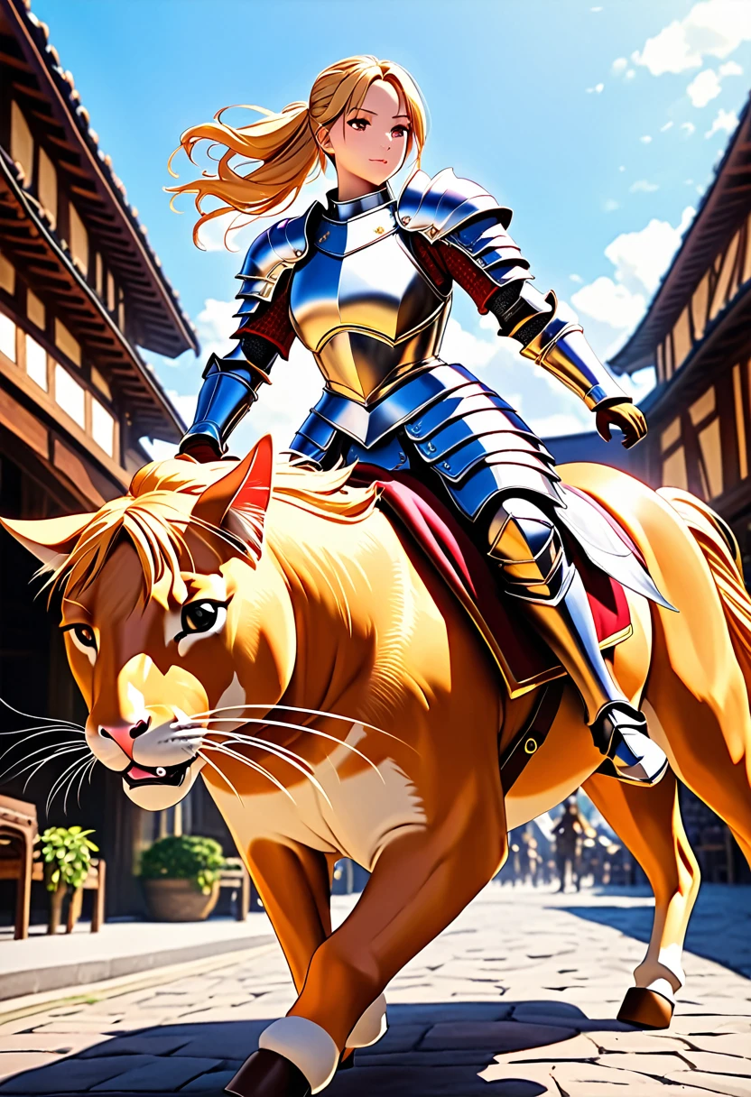 aarafed a picture of a  human knight riding an ((epic sized cat: 1.3)) וin fantasy street, a  a human knight, full body, ((anatomically correct: 1.5), female knight, blond hair, long hair, hair in a pony tail, wearing knight's armor, decorated armor, high heeled boots, BREAK riding a ((cat big as a horse: 1.5)), the cat is wearing armor ready for battle, dynamic color cat Hyperrealism style, vibrant, Ultra-high resolution, High Contrast, (masterpiece:1.5), highest quality, Best aesthetics), best details, best quality, highres, ultra wide angle, 16k, [ultra detailed], masterpiece, best quality, (extremely detailed) RAW, ArmoredDress