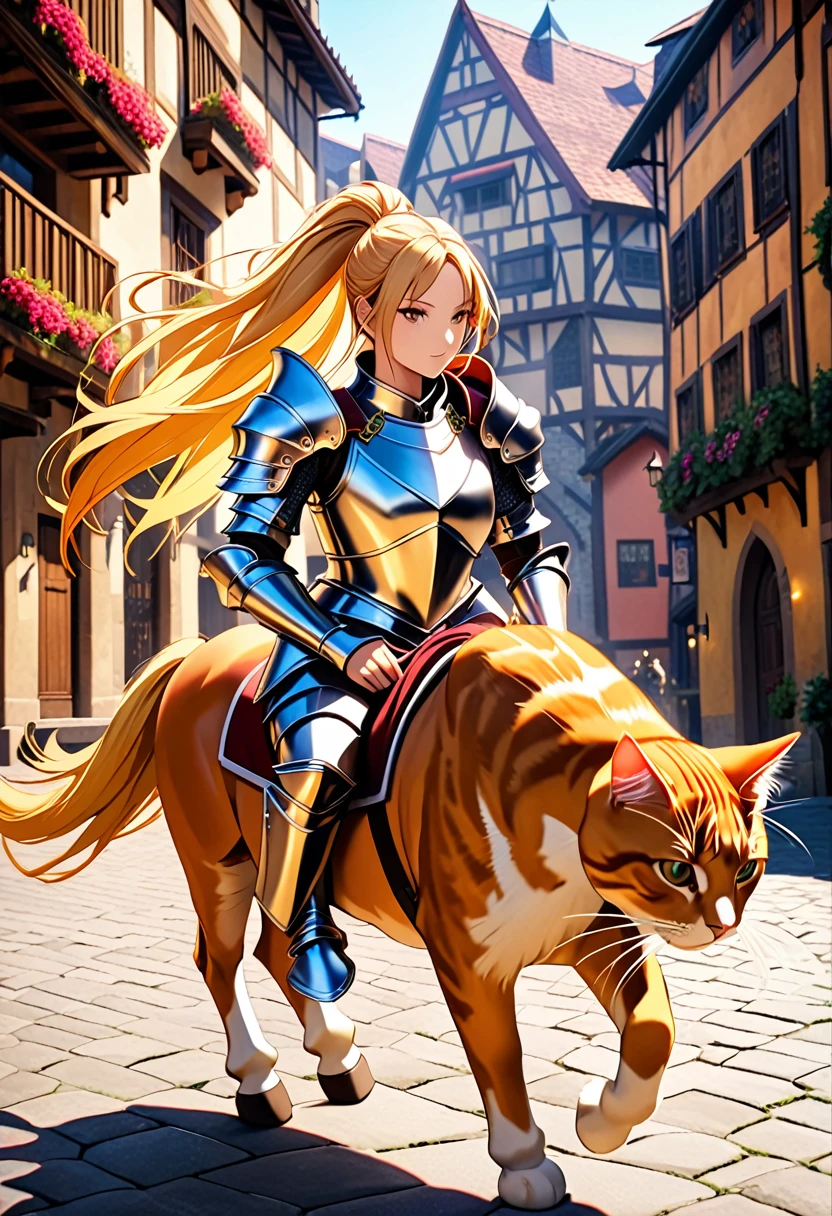 aarafed a picture of a  human knight riding an ((epic sized cat: 1.3)) וin fantasy street, a  a human knight, full body, ((anatomically correct: 1.5), female knight, blond hair, long hair, hair in a pony tail, wearing knight's armor, decorated armor, high heeled boots, BREAK riding a ((cat big as a horse: 1.5)), the cat is wearing armor ready for battle, dynamic color cat Hyperrealism style, vibrant, Ultra-high resolution, High Contrast, (masterpiece:1.5), highest quality, Best aesthetics), best details, best quality, highres, ultra wide angle, 16k, [ultra detailed], masterpiece, best quality, (extremely detailed) RAW, ArmoredDress