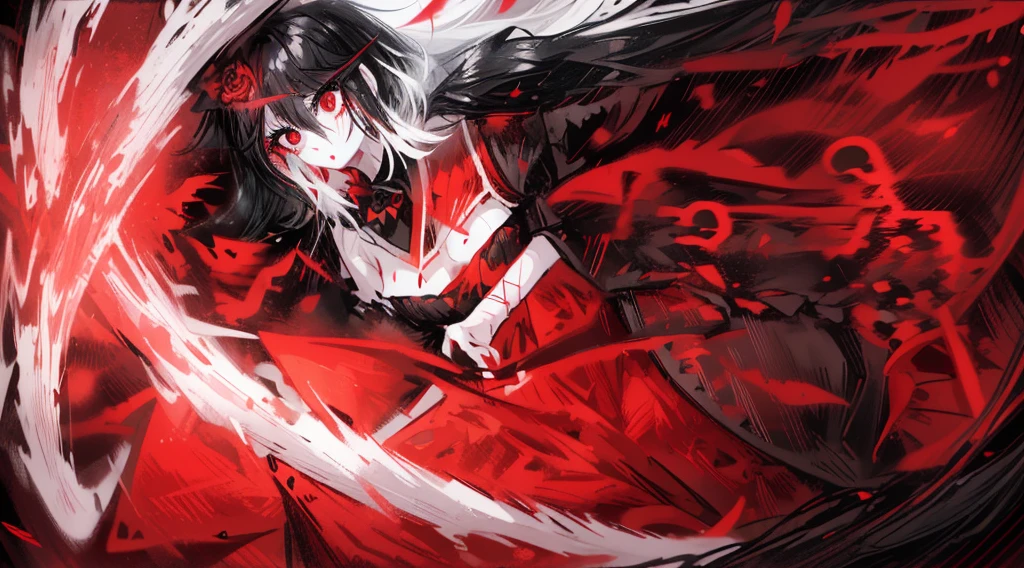 1girl, black hair, (red eye) ,red rose, Red bow,  black noble dress ,pale skin,
(high resolution, high detail, best quality), mysterious, elegant