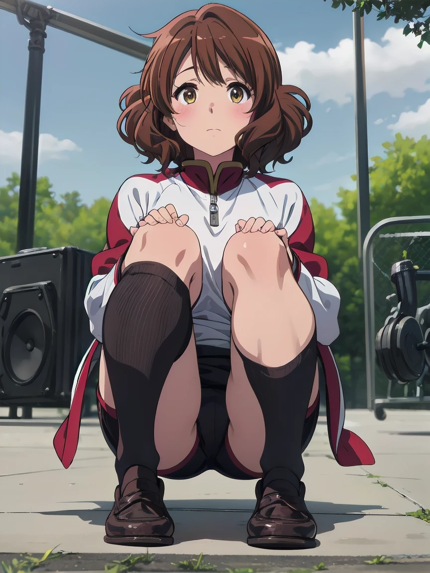 (Realistic, photo Realistic:1.2), ((Highest quality)), Shift the center of gravity backwards, Quite embarrassing, You_Kumiko_Sound Euphonium, brown_hair, short_hair, brown_eye, blush, Seraphim, 前hair, Bloomers, Gym suit, sports boots, (Sit on the ground:1.4), Place your heels on the ground, (Spread your legs:1.2), Squat with your knees raised, Attach your butt to the ground, Black Penny Loafers, Beautiful facial details, Real human skin, Gentle expression, Front view, angle From below, Realistic, photoRealistic, Squatting in the schoolyard, whole body, (Looking at the audience:1.2), from before, From below, (Perfect hands, Perfect Anatomy),