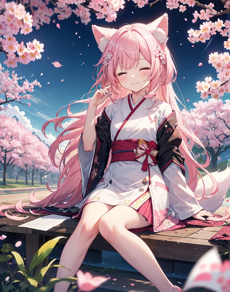 Entire figure, full-figure, scenery artistic art.Sitted under a pink flower tree, she has fallen asleep against the tree.closed eyes.
break
(White dirt road, Oriental elements),(Nature Illustration Spring:1.3,paper art:1.3, Quilted Paper Art:1.2),( Reasonable design, Clear lines, High Sharpness,Best Quality, Very detailed, masutepiece, Movie Light Effects, 4K )(Cherry leaves、Cherry blossoms in spring:1.0)、Many cherry blossoms flutter、the wind、Background with、Spring-like、Girl Facing Left、Pink blossom petals、A large number of cherry petals、very light pink hair、long. (Small Neko ears); (Fox tail). She Is smiling .