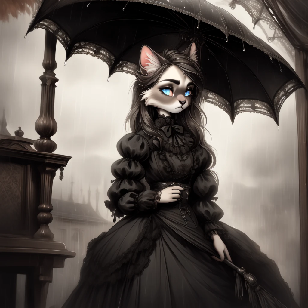 anthropomorphic furry female Siamese cat, with long brown hair, blue eyes, cloudy weather, rain, rainy weather, autumn season, Victorian-goth, gothic, gothic-woman, gothic girl, stands Victorian style, Victorian Gothic, Victorian era, holds an umbrella in cookies, stands at the platform, sad look(detailed), looks at the departing train, watches the departing train, 32k, r34 ,yiff.
Artist: Wyla
