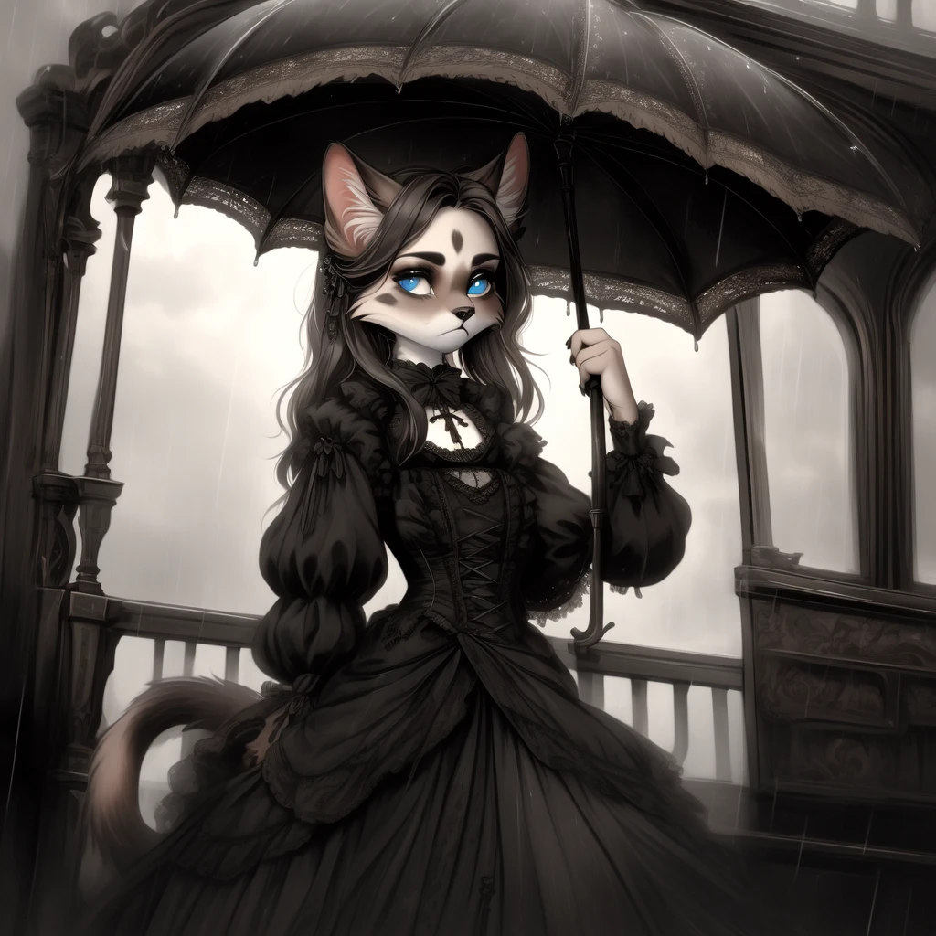 anthropomorphic furry female Siamese cat, with long brown hair, blue eyes, cloudy weather, rain, rainy weather, autumn season, Victorian-goth, gothic, gothic-woman, gothic girl, stands Victorian style, Victorian Gothic, Victorian era, holds an umbrella in cookies, stands at the platform, sad look(detailed), looks at the departing train, watches the departing train, 32k, r34 ,yiff.
Artist: Wyla
