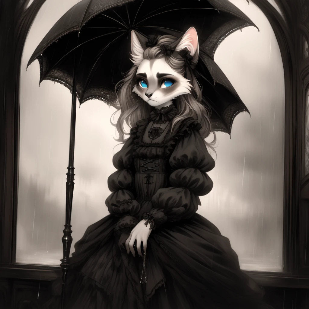 anthropomorphic furry female Siamese cat, with long brown hair, blue eyes, cloudy weather, rain, rainy weather, autumn season, Victorian-goth, gothic, gothic-woman, gothic girl, stands Victorian style, Victorian Gothic, Victorian era, holds an umbrella in cookies, stands at the platform, sad look(detailed), looks at the departing train, watches the departing train, 32k, r34 ,yiff.
Artist: Wyla