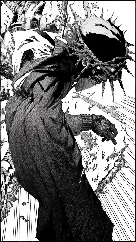 a black and white image of a man in a suit with a gun, black and white manga panel, afro samurai manga style, dorohedoro, in berserk manga, Tsutomu Nihei style, black and white manga page, from cryptid academia, Frank Miller Style, guts berserk, from berserk, detailed manga style