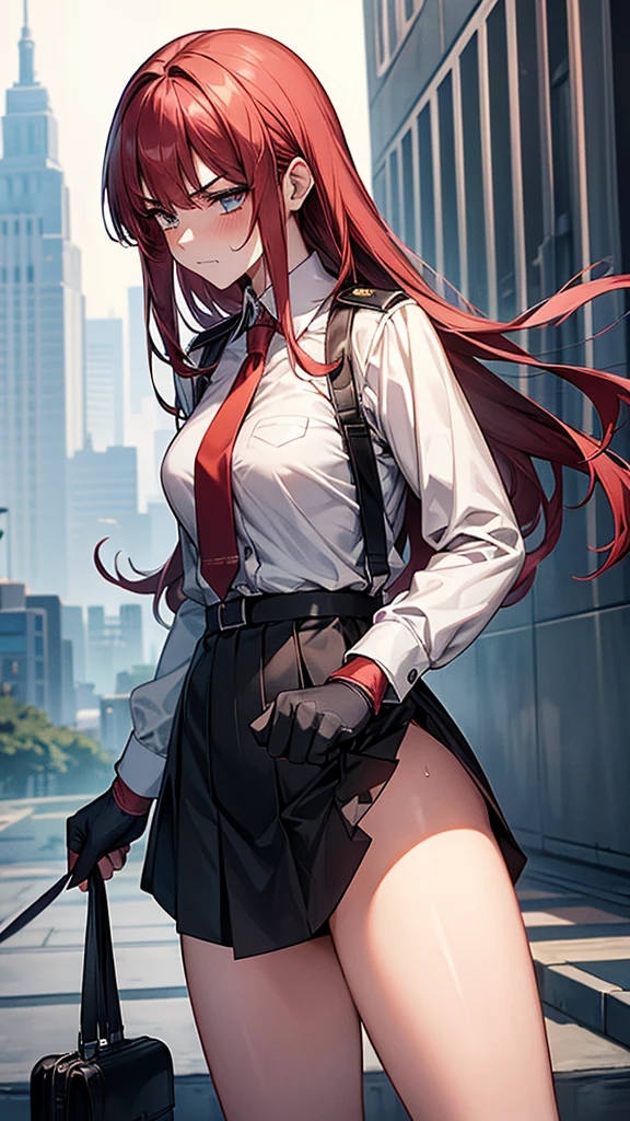 {{masterpiece}}, {{{Highest quality}}},{{Very detailed}}, {{figure}},{{tall}},{{Adult female}},,{{Fighting stance}},{From Side},{{Long sleeve mini skirt uniform}},{{}},}}{}},{fighting stance}},{},{}, ,{{}},{{Eyelet foot}},,{{blushing with anger}},{{v-shaped eyebrows}},,{{}},{{}},,Slender body}}{{Avoidance}}{{Female police officer}},,,,suspenders ,Long sleeve mini skirt uniform, White High Socks,Black fingerless gloves, Long Red Hair, Red tie,Straight hair ,Blunt bangs,Thigh holster,.amountn loafer,,blush,Wrinkles ,amount,Grit your teeth,suffering,v-shaped eyebrows.,Sweat dripping,Medium chest ,get annoyed,,Slums,,Twisting,Among the ruins