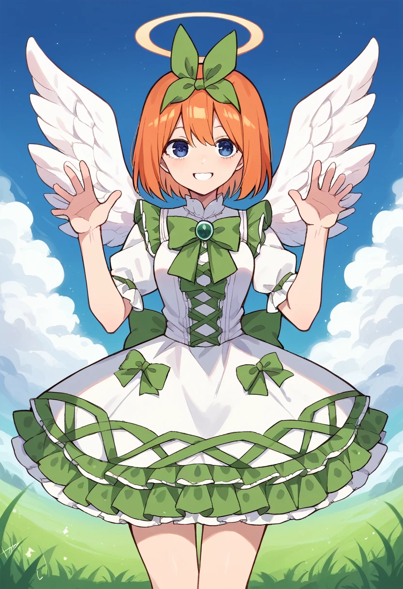 yotsuba nakano, bangs, short hair, blue eyes, hair between eyes, hair ribbon, hairband, orange hair, (green ribbon:1.5), ,Orange and white dress, Victoria Gothic Lolita Fashion, Lolita Style, , rococo dress, lolita fashion, one-piece,dress,petticoat,dynamic pose, angel wings, frills, tighthighs,halo, blue sky, grassy terrance,smile