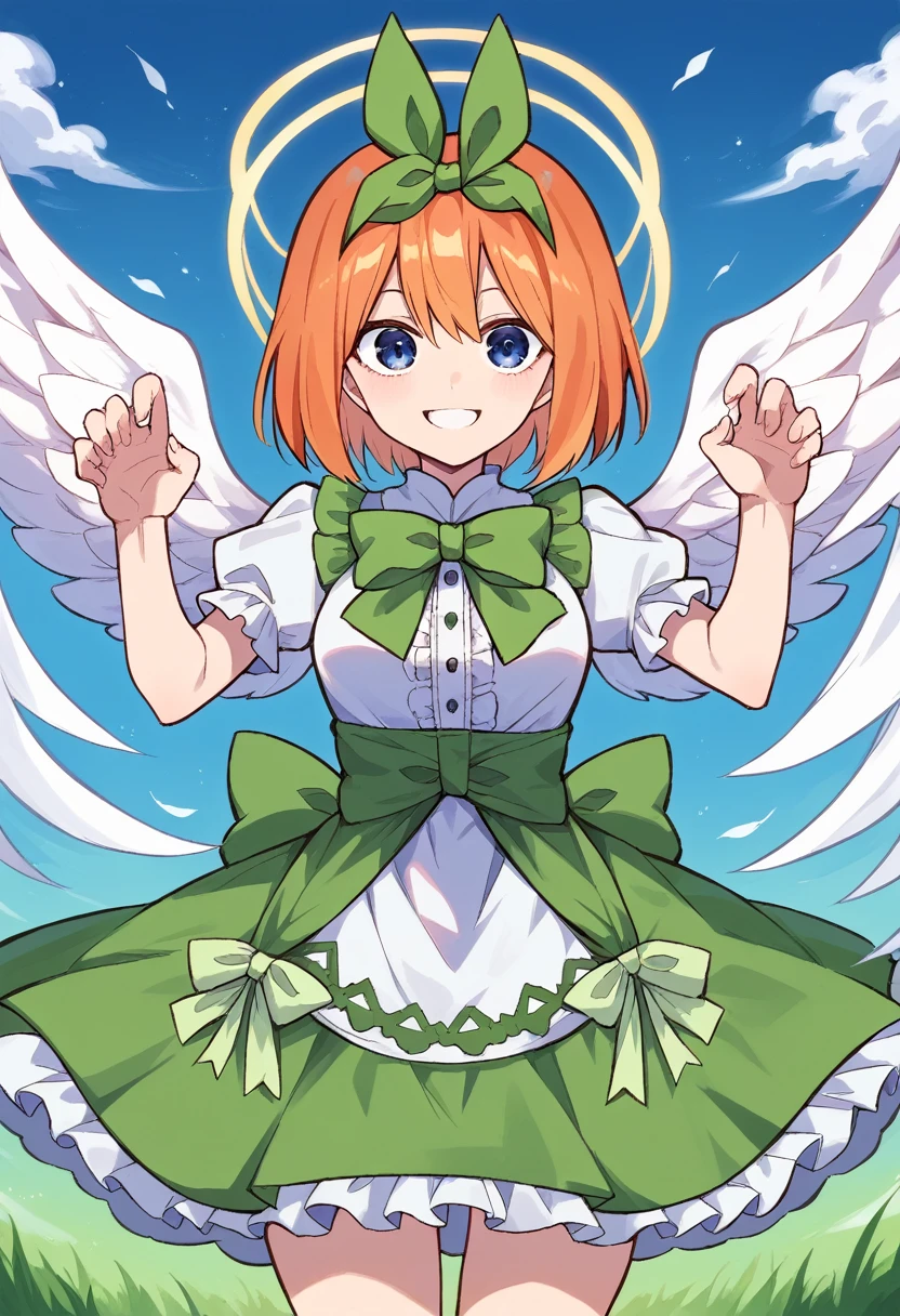 yotsuba nakano, bangs, short hair, blue eyes, hair between eyes, hair ribbon, hairband, orange hair, (green ribbon:1.5), ,Orange and white dress, Victoria Gothic Lolita Fashion, Lolita Style, , rococo dress, lolita fashion, one-piece,dress,petticoat,dynamic pose, angel wings, frills, tighthighs,halo, blue sky, grassy terrance,smile